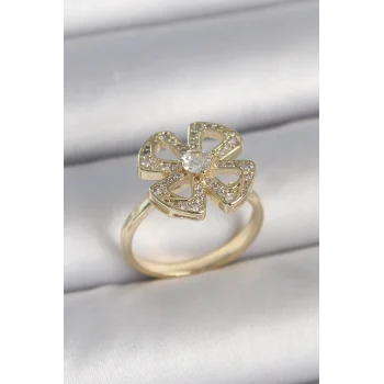 Pirinç Gold Renk Zirkon Taşlı Yonca Model Ayarlanabilir Kadın Yüzük