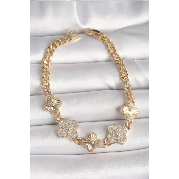 Pirinç Gold Renk Zirkon Taşlı Yonca Model Kadın Bileklik