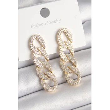 Pirinç Gold Renk Zirkon Taşlı Zincir Model Kadın Küpe
