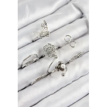 Pirinç Gül Kelebek Model Gümüş Renk Kadın Yüzük Kombin Set