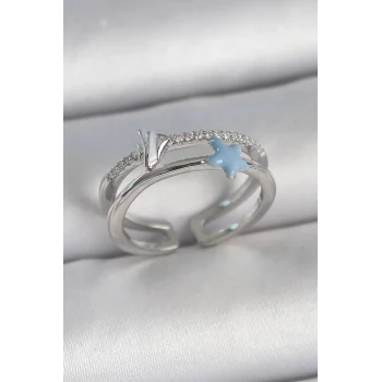 Pirinç Gümüş Renk 2Li Zirkon Taşlı Mavi Yıldız Figür Ayarlanabilir Kadın Yüzük