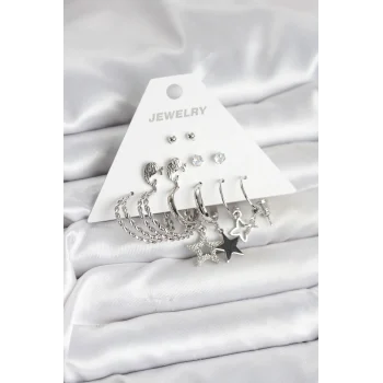 Pirinç Gümüş Renk 6lı Kadın Küpe Seti