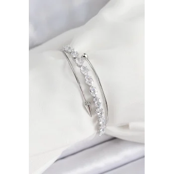 Pirinç Gümüş Renk Arpa Zirkon Taşlı Kadın Bileklik