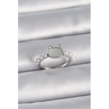 Pirinç Gümüş Renk Ayarlanabilir Beyaz Mineli Kedi Model İnci Detay Kadın Yüzük