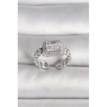 Pirinç Gümüş Renk Ayarlanabilir Zincir Kare Zirkon Taşlı Kadın Yüzük