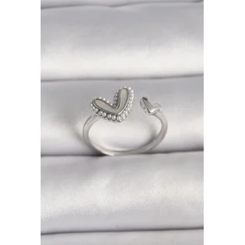 Pirinç Gümüş Renk Beyaz Mineli İnci Detaylı Kalp Model Ayarlanabilir Yüzük