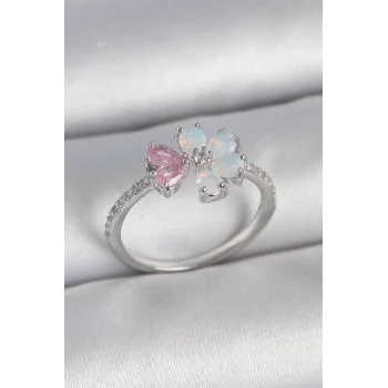 Pirinç Gümüş Renk Beyaz Mineli Pembe Zirkon Taşlı Çiçek Model Kadın Yüzük