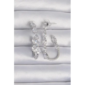 Pirinç Gümüş Renk Damla Zirkon Taş Tasarımlı Küpe