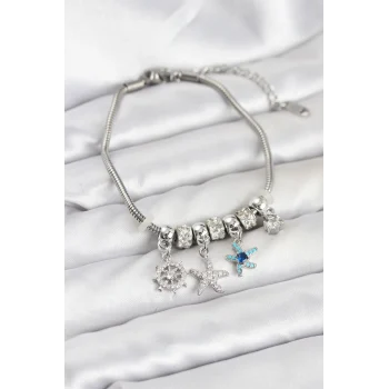 Pirinç Gümüş Renk Deniz Tema Charmlı Kadın Bileklik