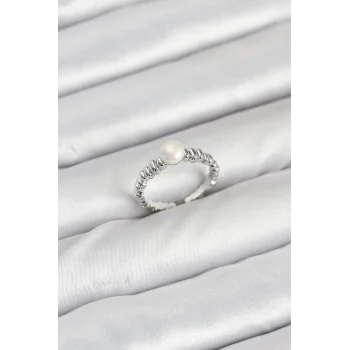 Pirinç Gümüş Renk Göbek İnci Model Kadın Yüzük