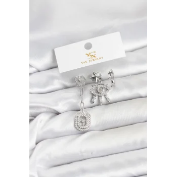 Pirinç Gümüş Renk Göz ve Kutup Yıldızı Model YSX Trio Küpe Seti