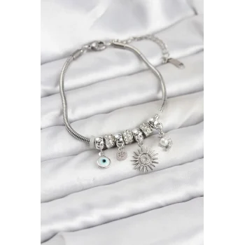 Pirinç Gümüş Renk Güneş Charmlı Kadın Bileklik