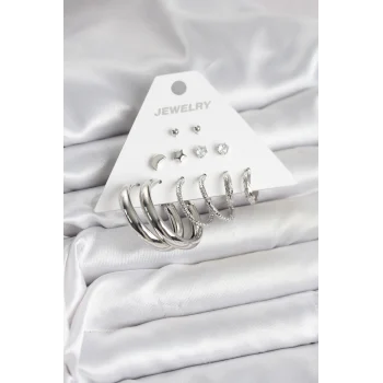 Pirinç Gümüş Renk Halka Modelli 6 Çift Kadın Küpe