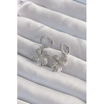 Pirinç Gümüş Renk İri Zirkon Taşlı Fiyonk Model Halka Küpe