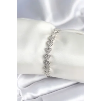 Pirinç Gümüş Renk Kalp Model Kadın Bileklik