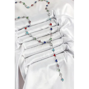 Pirinç Gümüş Renk Karışık Renk Zirkon Taşlı Kalpli Y Kadın Kolye