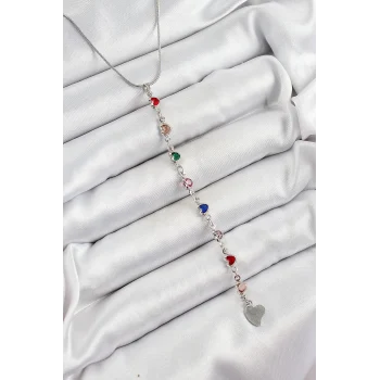 Pirinç Gümüş Renk Karışık Renk Zirkon Taşlı Kalpli Y Kadın Kolye