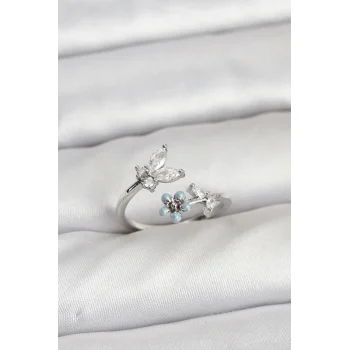 Pirinç Gümüş Renk Kelebek Model Kadın Yüzük