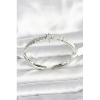 Pirinç Gümüş Renk Kutup Yıldızı Model Kadın Kelepçe Bileklik