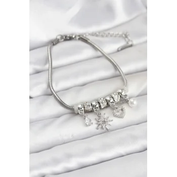 Pirinç Gümüş Renk Kutup Yıldızı ve Kalp Charmlı Kadın Bileklik