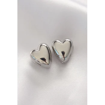 Pirinç Gümüş Renk Minimal Bombeli Kalp Küpe