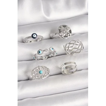 Pirinç Gümüş Renk Nazar Boncuk Zirkon Taş Detaylı Dalga Figür Kadın Yüzük Kombini
