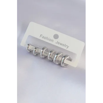 Pirinç Gümüş Renk Oval Bombeli Küpe Seti