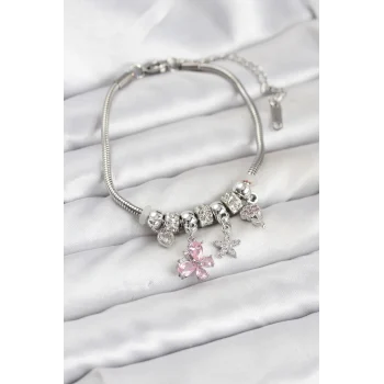 Pirinç Gümüş Renk Pembe Kelebek Charmlı Kadın Bileklik