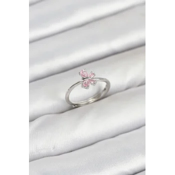Pirinç Gümüş Renk Pembe Kelebek Kadın Yüzük