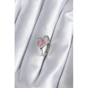 Pirinç Gümüş Renk Pembe Zirkon Taşlı Charm Model Kadın Yüzük