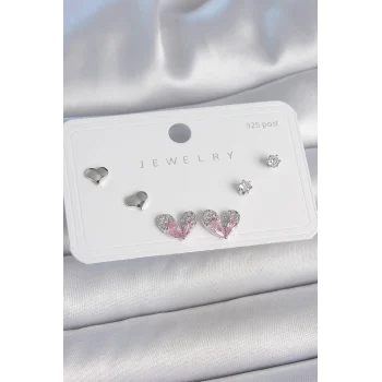Pirinç Gümüş Renk Pembe Zirkon Taşlı Kalp Model 925 Ayar Gümüş Çivi Kadın Küpe Seti