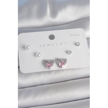 Pirinç Gümüş Renk Pembe Zirkon Taşlı Kalp Model İnci Detay 925 Ayar Gümüş Çivi Kadın Küpe Seti