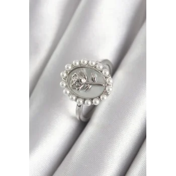 Pirinç Gümüş Renk Portre Gül Model İnci Detay Kadın Yüzük