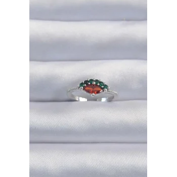 Pirinç Gümüş Renk Renkli Zirkon Taşlı Ayarlanabilir Karpuz Model Yüzük