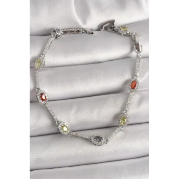 Pirinç Gümüş Renk Renkli Zirkon Taşlı Damla Taş Model Kadın Bileklik