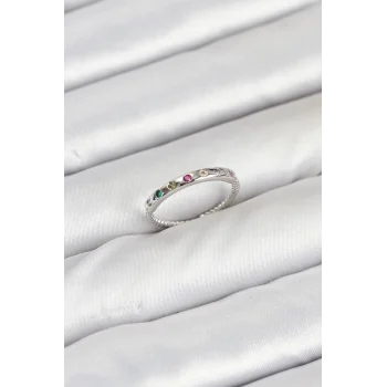 Pirinç Gümüş Renk Renkli Zirkon Taşlı Kadın Yüzük