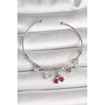 Pirinç Gümüş Renk Sallantı Kiraz Figür Kalp Detay Charm Kadın Bileklik