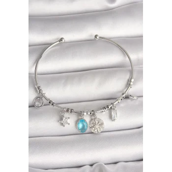 Pirinç Gümüş Renk Sallantı Pusula Figür Kalp Detay Charm Kadın Bileklik