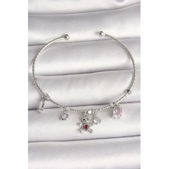 Pirinç Gümüş Renk Sallantı Zirkon Taşlı Ayıcık Figür Kırmızı Taş Detay Charm Kadın Bileklik