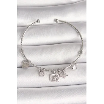 Pirinç Gümüş Renk Sallantı Zirkon Taşlı Ayıcık Figür Taç Detay Charm Kadın Bileklik
