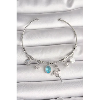 Pirinç Gümüş Renk Sallantı Zirkon Taşlı Filaminga Figür Charm Kadın Bileklik