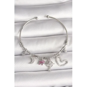 Pirinç Gümüş Renk Sallantı Zirkon Taşlı Gezegen Figür Kalp Detay Charm Kadın Bileklik