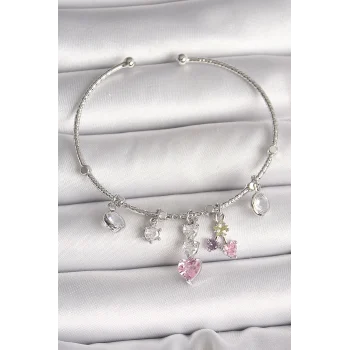 Pirinç Gümüş Renk Sallantı Zirkon Taşlı Kalp Figür Charm Kadın Bileklik