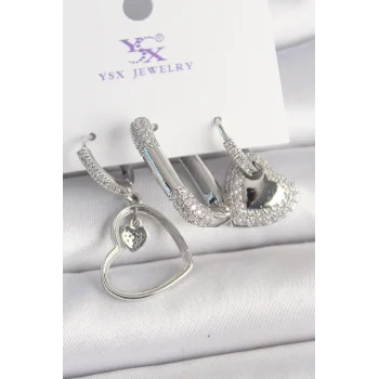 Pirinç Gümüş Renk Sallantı Zirkon Taşlı Kalp Model 3Lü Kadın Kombin Küpe