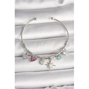 Pirinç Gümüş Renk Sallantı Zirkon Taşlı Kutup Yıldız Figür Kalp Detay Charm Kadın Bileklik