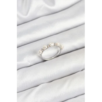 Pirinç Gümüş Renk Sıralı İncili Kadın Yüzük