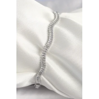 Pirinç Gümüş Renk Su Yolu Zirkon Taşlı Model Kadın Bileklik