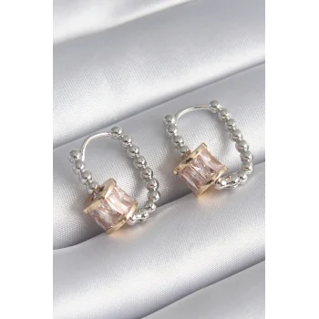 Pirinç Gümüş Renk Top Model Gold Renk Zirkon Taşlı Kadın Küpe