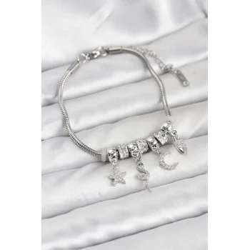 Pirinç Gümüş Renk Yılan Charmlı Kadın Bileklik