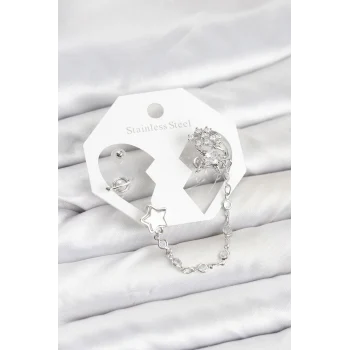 Pirinç Gümüş Renk Yıldız Model Zincir Bağlantılı Ear Cuff Küpe Seti
